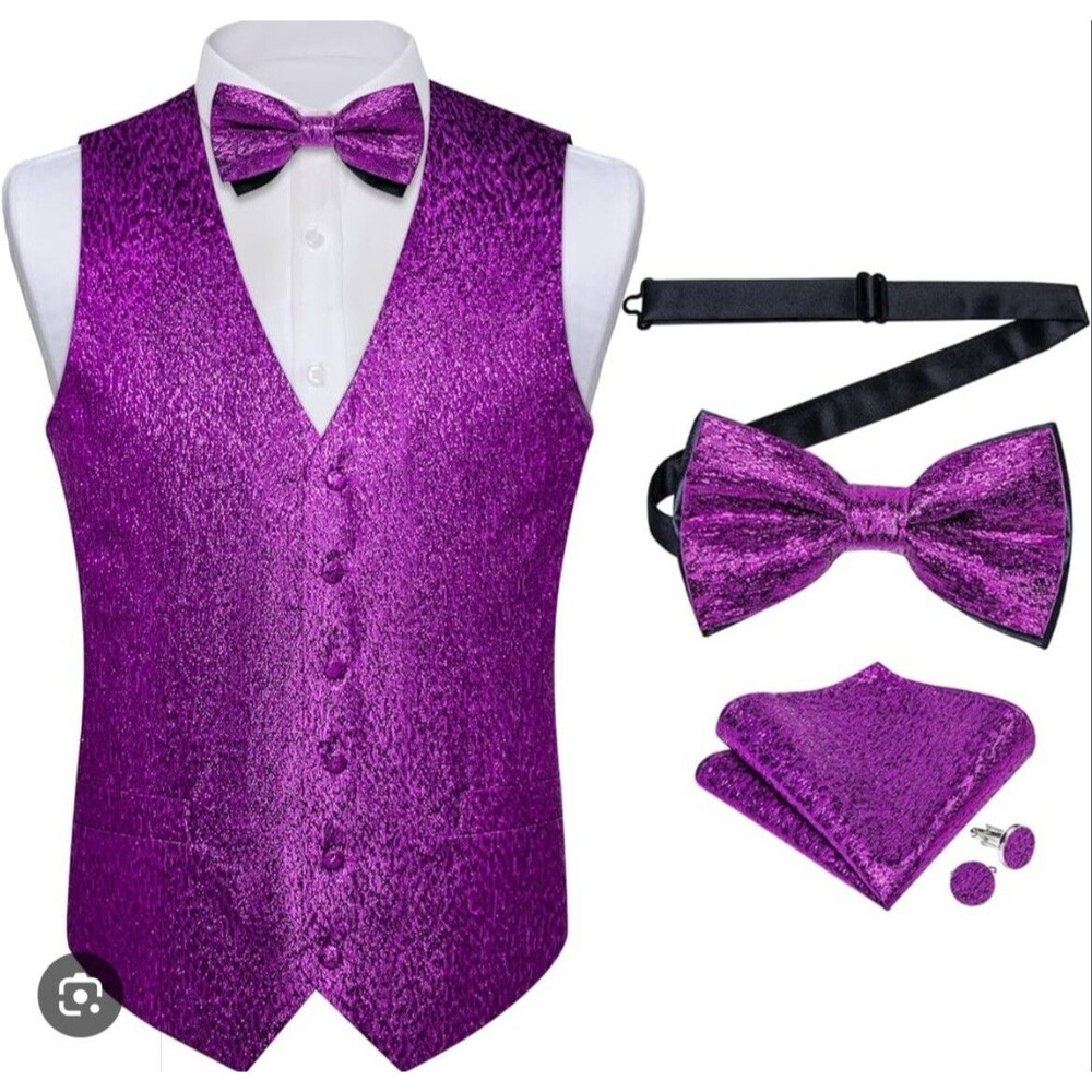 DiBanGu Men’s Elegant Metallic Vest And Bow Tie Set Size Small Fuchsia NWT
